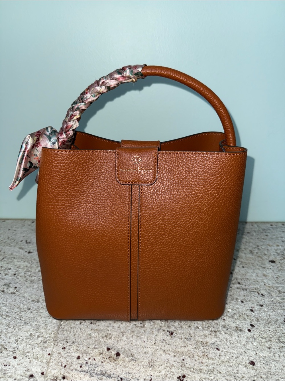 Nanette Lepore Brown Pebbled Bucket Satchel Floral Scarf Handle Handbag